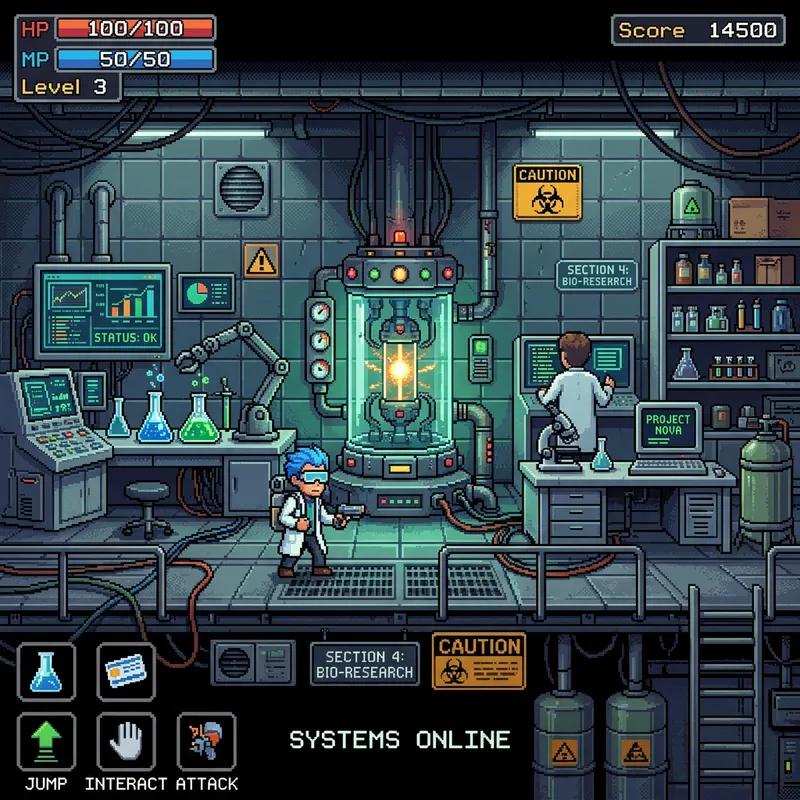 Pixel Game Set in a Lab Background Pixel Game Set in a Lab Background