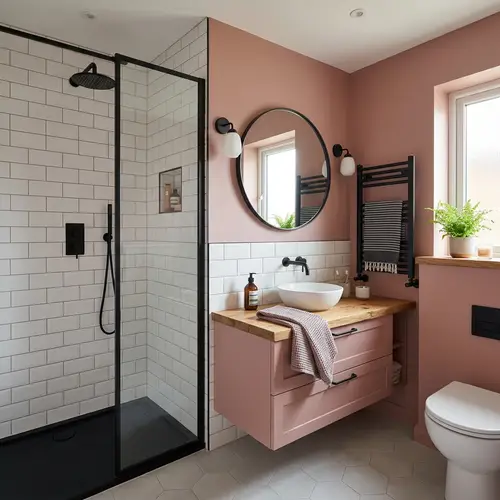 Stylish Dusty Pink Bathroom with Black Accents
