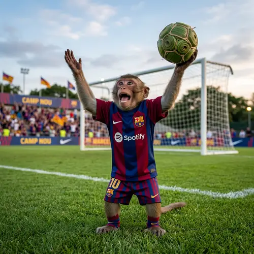 Excited FC Barcelona Monkey Celebrating Victory with Banana Leaf Soccer Ball