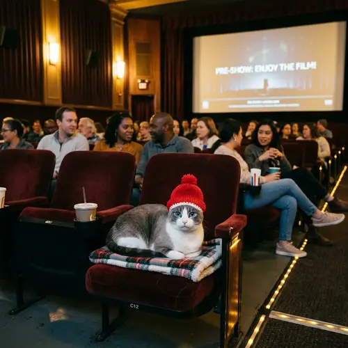 Cat with Blue Eyes and Red Hat in Cinema