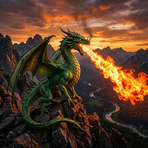 Majestic Green Dragon Breathing Fire in Mountainous Sunset