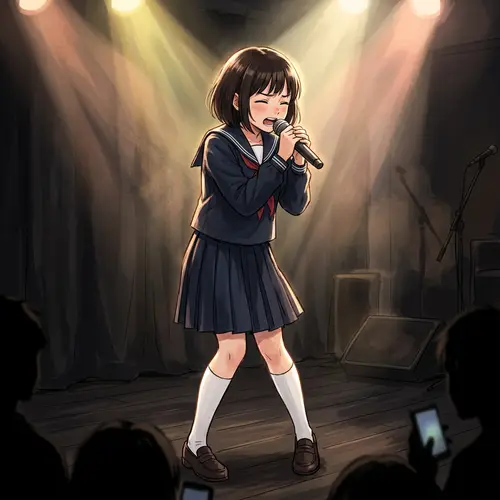 Passionate Young Girl Singing in Japanese School Uniform