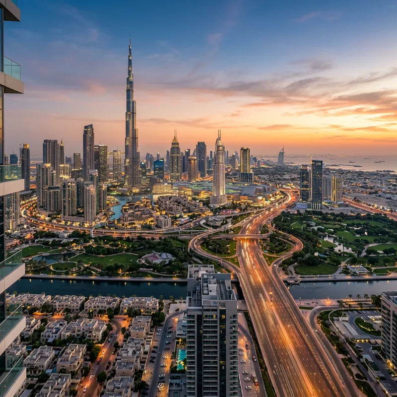 Stunning Dubai Skyline at Dawn | Modern Architecture & Green Spaces