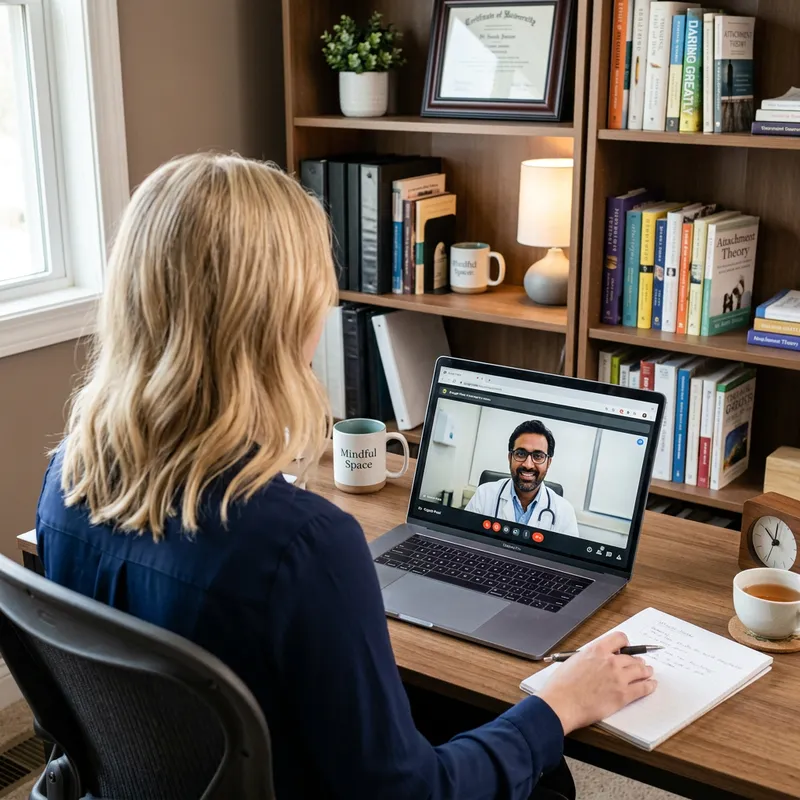 Blonde Psychologist Conducts Online Teleconsultation in Cozy Office