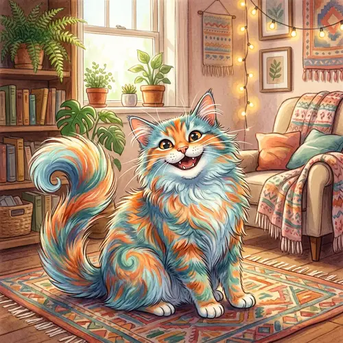 Joyful Feline Illustration - Vibrant Colors & Delightful Expression