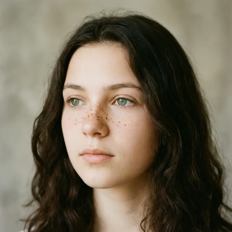 Serene 17-Year-Old Girl with Dark Brown Hair, Sage Green Eyes, and 10 Freckles