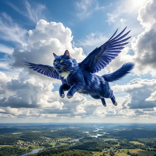 Blue Cat Soaring Through the Sky