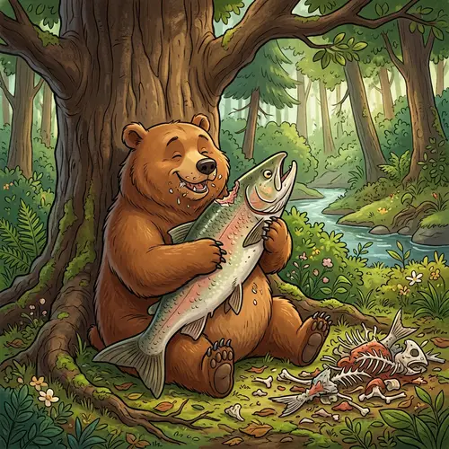 Cartoon Brown Bear Enjoying a Large Fish Meal