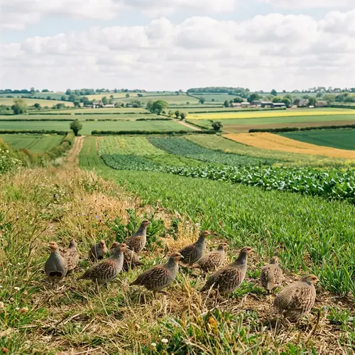 Grey Partridges near Vibrant Cultivated Field