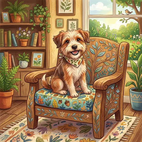 Playful Cartoon Dog Sitting on Chair Artwork