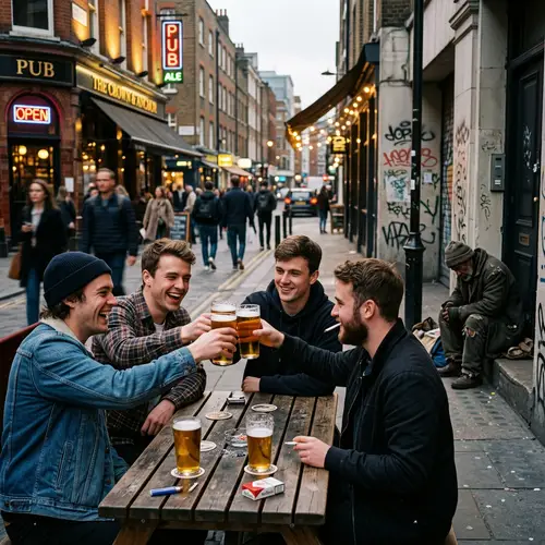 Young Men Toasting Beer in Urban Setting | Unwell Man in Background