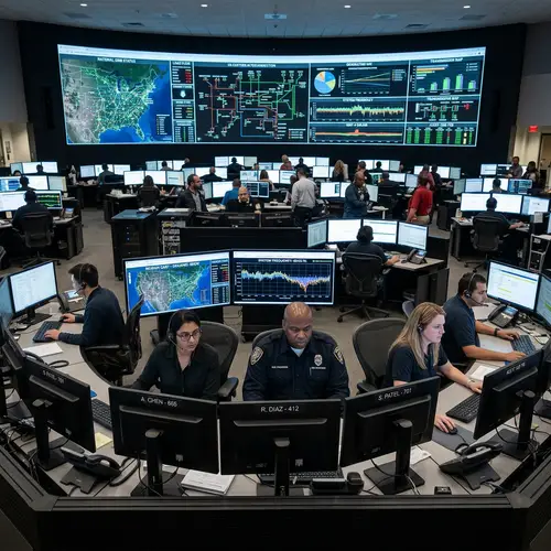 Electrical Grid Management Control Room | Operators Monitoring Infrastructure
