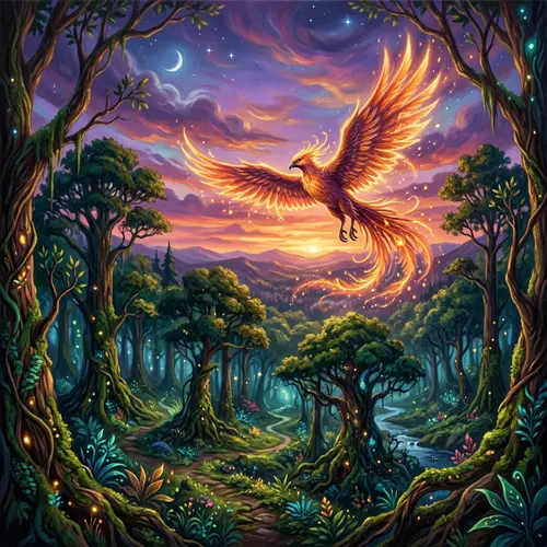 Mystical Forest Scene at Dusk | Fantasy Creature in Flight