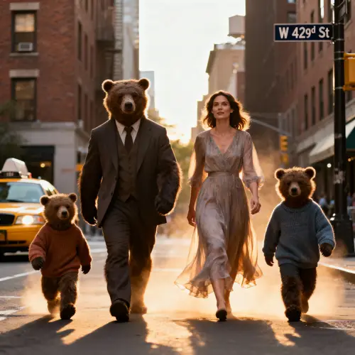 Surreal Family of Bears Walking in New York