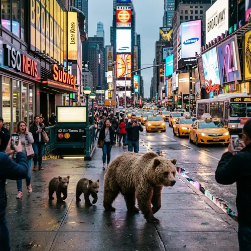 Surreal Family of Bears Walking in New York