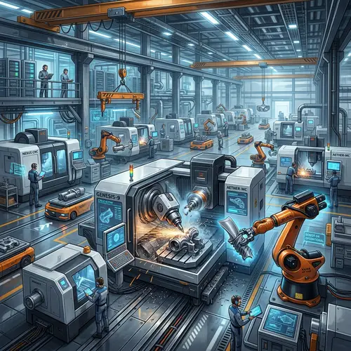 Futuristic Manufacturing Facility with CNC Machines