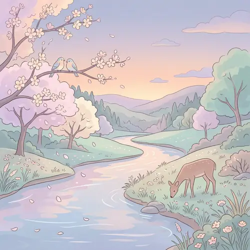 Soothing Illustration: Tranquil Nature Scene in Soft Colors