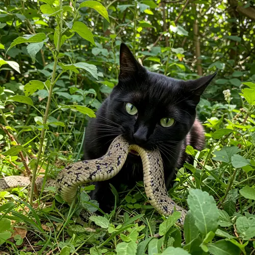 Cat Enjoying a Snake Feast