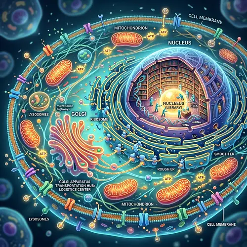 Vibrant Cell City: Intricate Organelles Digital Illustration