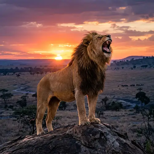 Majestic Lion Roaring in African Savanna at Sunset