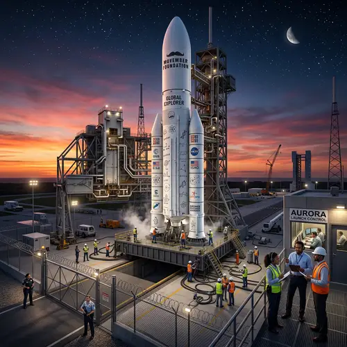 White Rocket with Movember Moustache at Dusk Launchpad