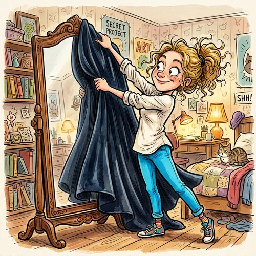 Caricature of Woman Covering Mirror with Cloak