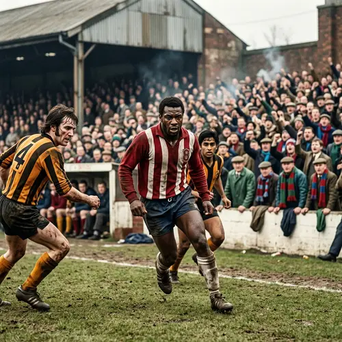 Vintage-style Photo of Diverse Male Football Players on Historic Pitch