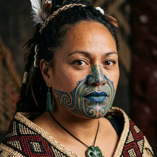 Maori Facial Tattoo: Intricate Patterns in Blue & Green