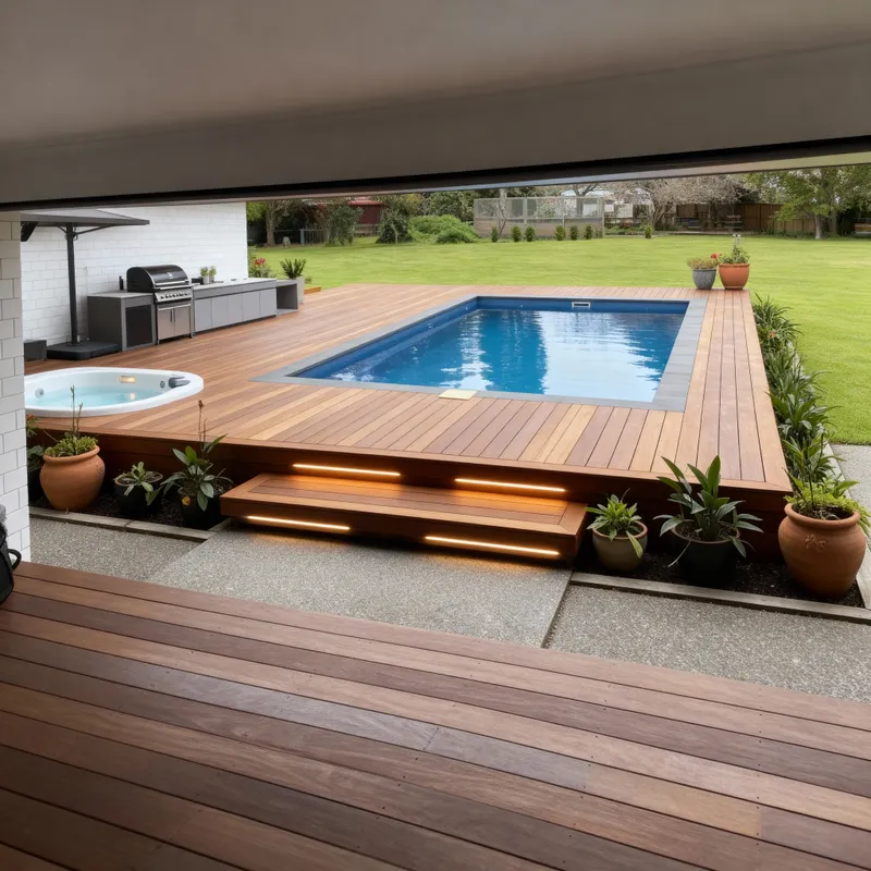 Modern Outdoor Deck with Rectangular Pool & Spa