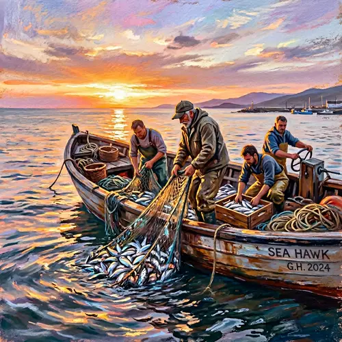 Sundown Fishing Scene Painted with Pastel Colors
