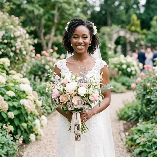 Diverse Bride Wedding Bouquet with Photo Charms
