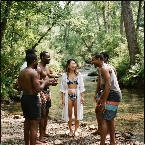 Asian Woman in Bikini with Friends in Nature