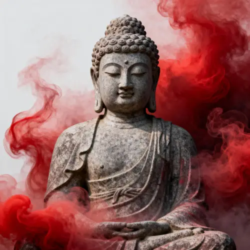 Majestic Stone Buddha with Red Smoke Art