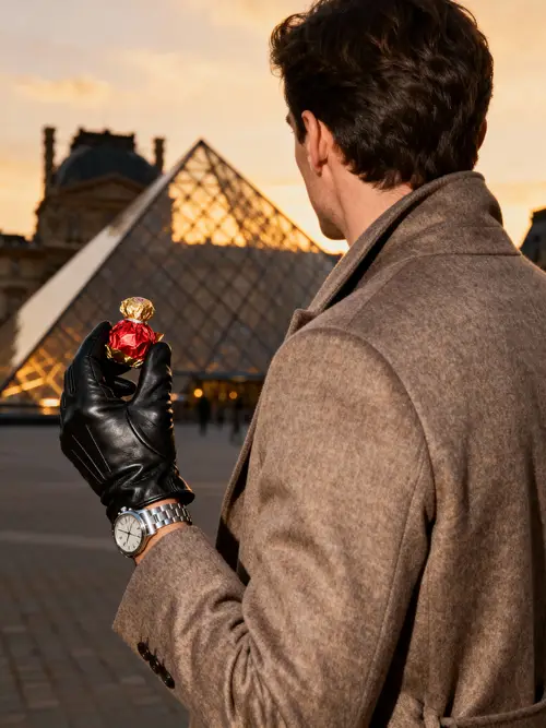 Stylish Man at the Louvre with Chocolates