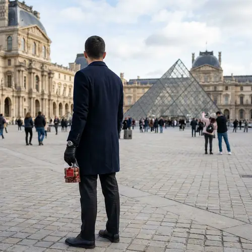 Stylish Man at the Louvre with Chocolates