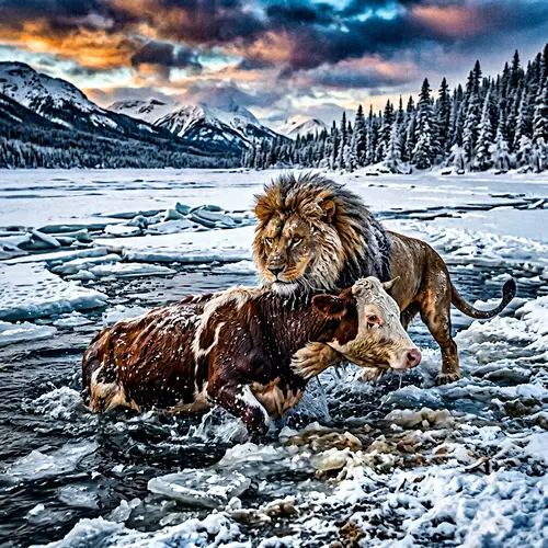 Mighty Lion Rescues Cow in Wintry Scene | Dynamic Wildlife Photography