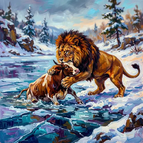 Powerful Middle-Eastern Male Lion Exerting Strength in Snowy Wilderness
