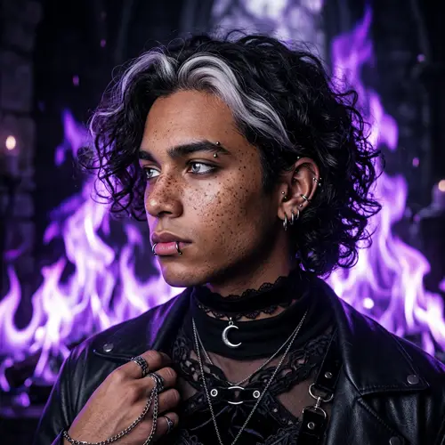 Feminine Gothic Boy with Silver Eyes | Eerie Purple Flames