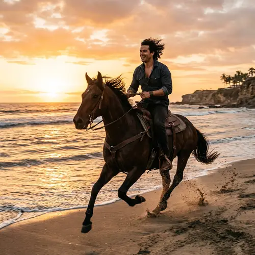 Hispanic Man Riding Stallion on Beach at Sunset