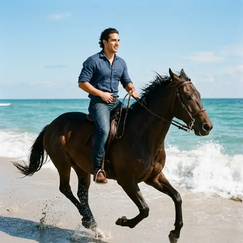 Hispanic Man on Stallion Galloping Down Sandy Beach