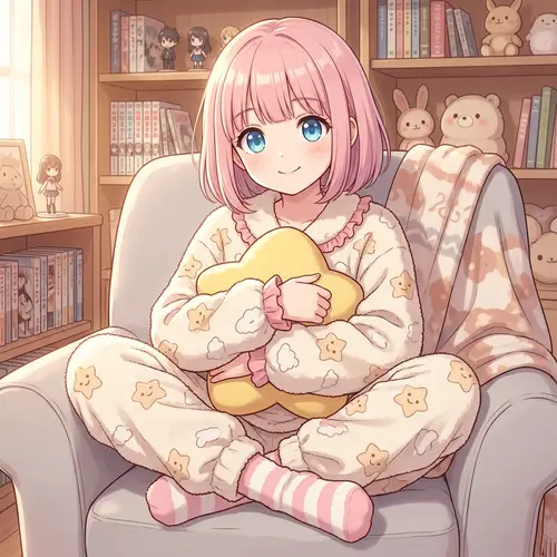 Cute Anime Moe Girl in Pastel Pink Pajamas
