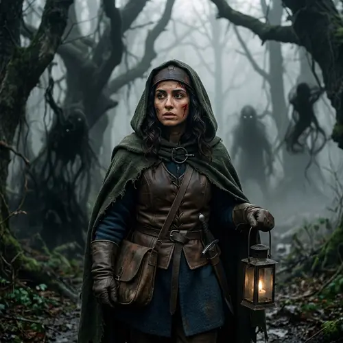 Medieval Woman in Terrifying Shadow Monster Environment