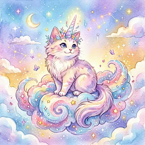 Caticorn Watercolor Art: Whimsical Cat Unicorn Painting