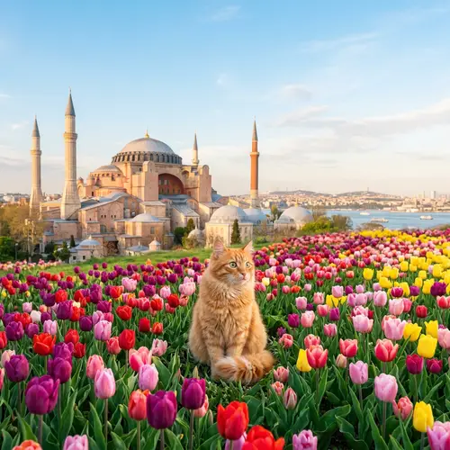 Hagia Sophia Mosque in Istanbul with Multi-Colored Tulip Field