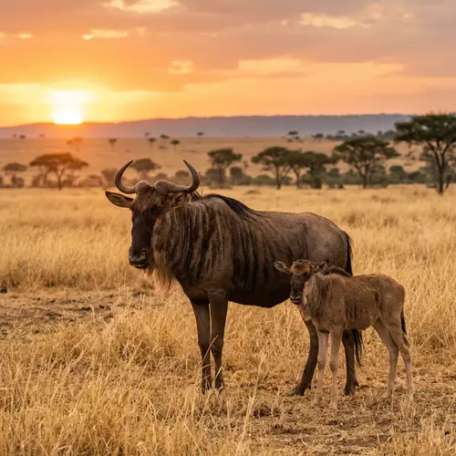 Majestic Wildebeest Family in African Savannah