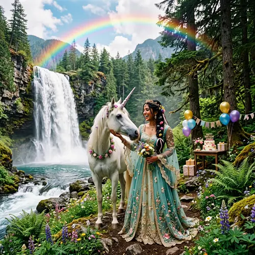Joyful Princess Birthday Celebration with Unicorn by Waterfall