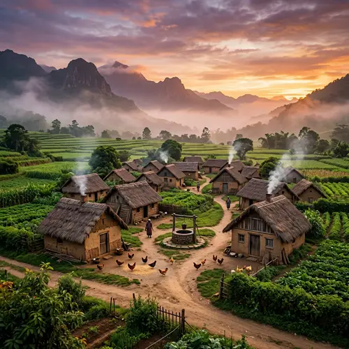 Tranquil Village Scene with Thatched Huts and Chickens