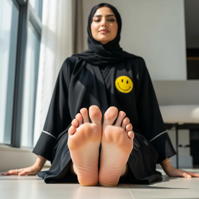 Smiley Abaya Woman Showcasing Her Soles