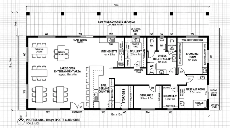 Detailed Floor Plan for a 160m² Sports Clubhouse