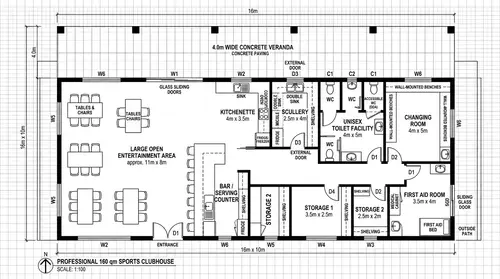 Detailed Floor Plan for a 160m² Sports Clubhouse